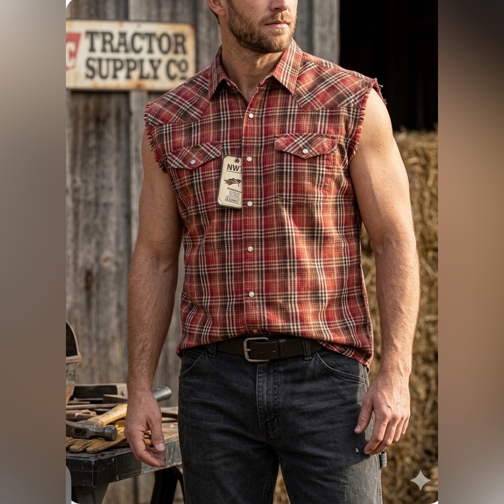 NWT CE Schmidt/Tractor Supply Co. Plaid Sleeveless Shirt With Faux Pearl Snaps